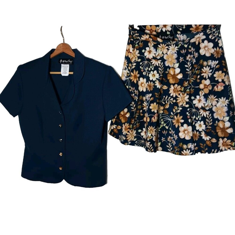 All That Jazz Outfit Women 13/14 Teal Blazer Short Slv Floral Skater Skirt Set